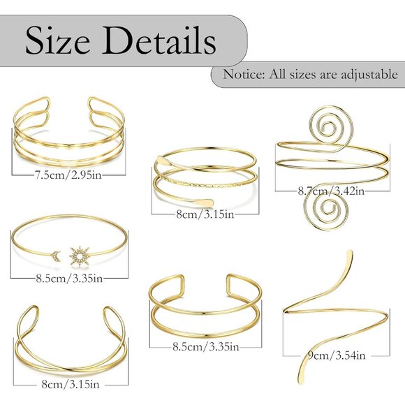 7 Pcs Arm Cuff Jewelry for Women Upper Arm Cuff Bangle Band Armlet Adjustable Ar - Picture 7 of 7